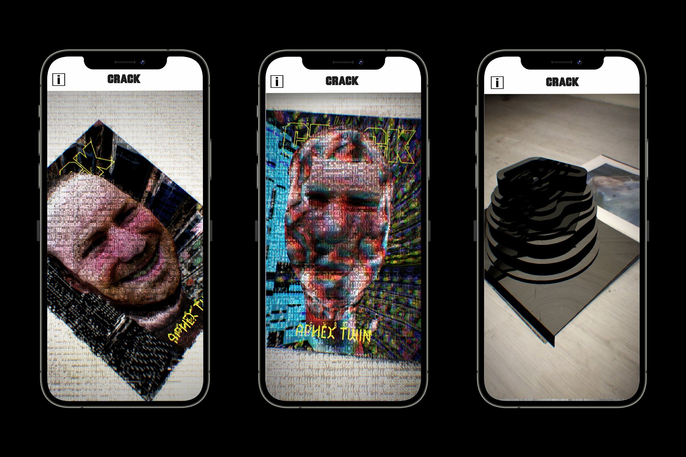 Phones showing Crack magazine Augmented reality app for Aphex Twin AR Experience