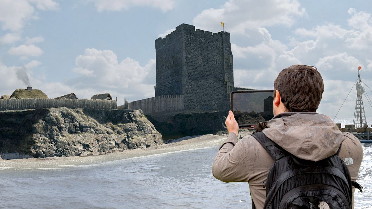 Person holding iPad testing immersive AR heritage site reconstruction app for Carrickfergus Castle, Tourism Northern Ireland