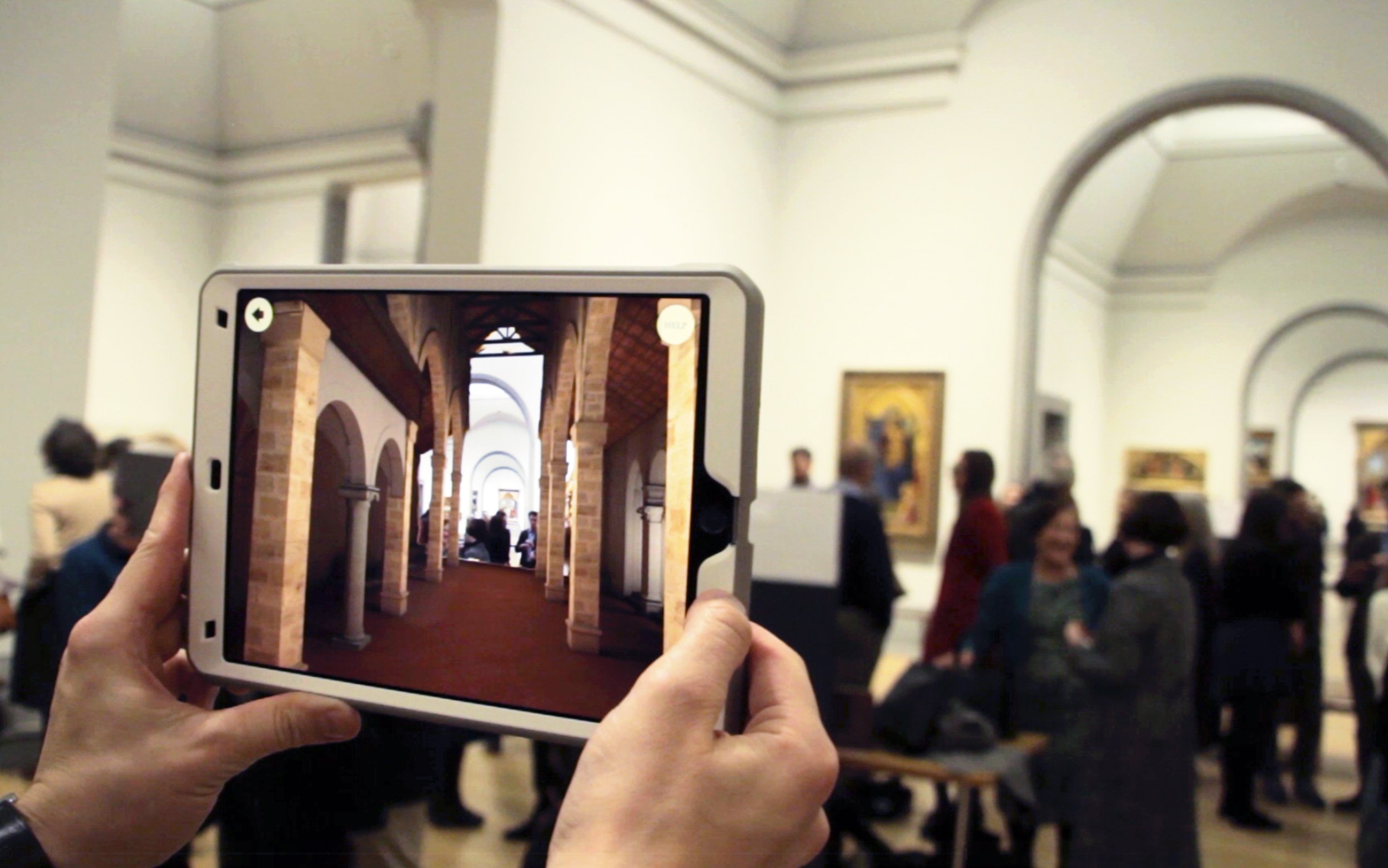 Person in London National Gallery using augmented reality Hidden Florence app