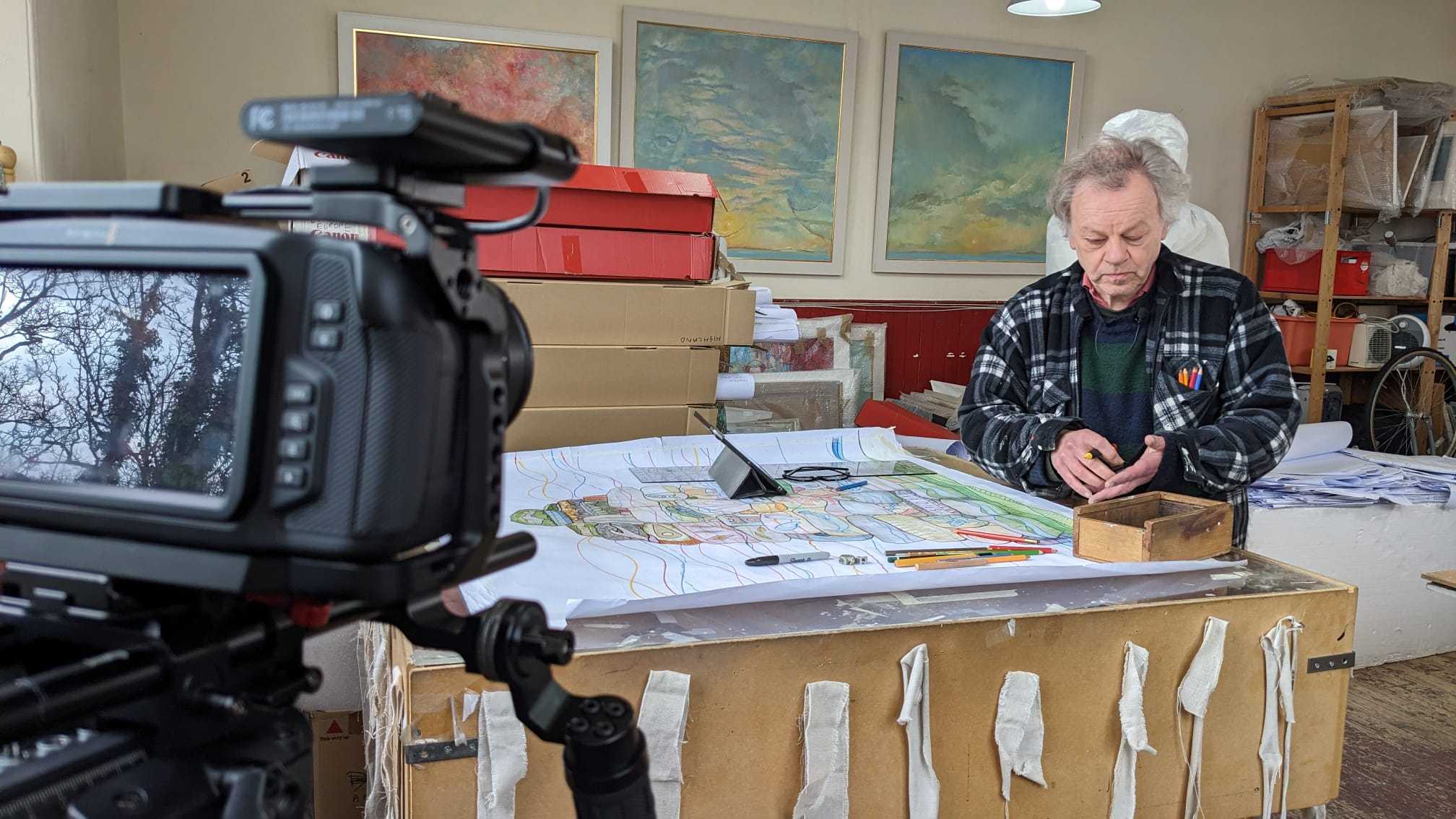 Digital Tapestry of the Scottish Highlands and Islands. Filming Andrew Crummy in his studio, Scottish Highlands and Islands tapestry project, digital tapestry