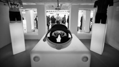 Black and white image of VR headset in an exhibition