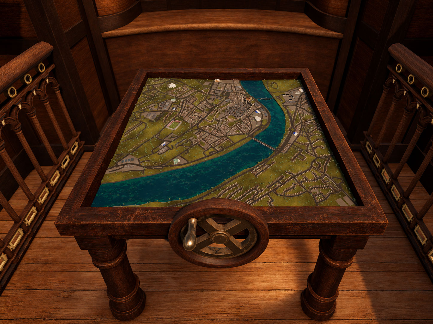3D-rendered interactive map table created for the TIDE Museum's time-travel VR experience, displaying a detailed historical cityscape of Derry with buildings, roads, green spaces and a winding river, set within a warmly lit, wood-panelled room.