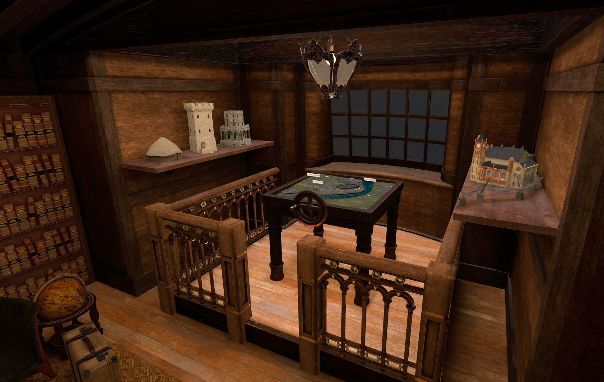 3D-rendered interactive map table created for the TIDE Museum's time-travel VR experience, displaying a detailed historical cityscape of Derry with buildings, roads, green spaces and a winding river, set within a warmly lit, wood-panelled room.