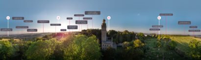 360 panorama of Beckford's Tower with information points on AR, Beckford's Tower, AR for heritage, AR for museums, Zubr, AR trail, AR app, 3D scans, photogrammetry, 360 degrees, AR landmark labels