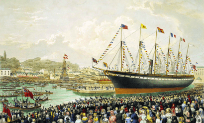 Engraved illustration of the Launch of the SS Great Britain, at Bristol in 1843 that was animated for the Augmented Reality (AR) binoculars installed in SSGB museum