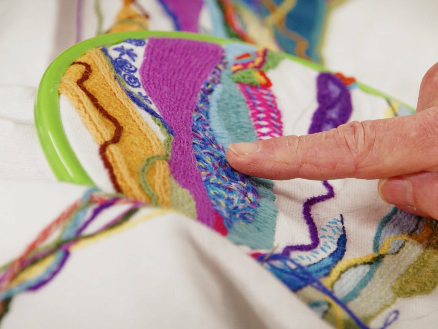 Handmade stitching the spirit heads tapestry, Zubr Highland digital project AR, High life Highland, digital tapestry