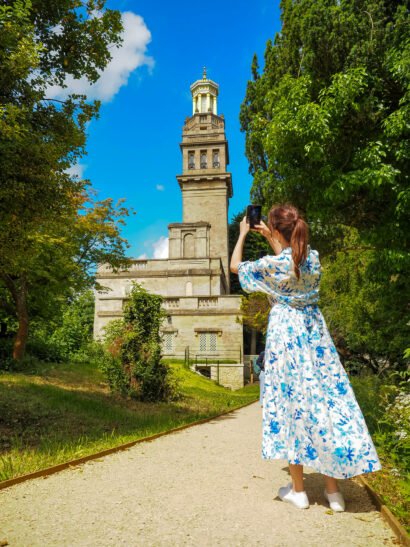 Woman taking a picture of Beckford's Tower, Beckford's Tower, AR for heritage, AR for museums, Zubr, AR trail, AR app, 3D scans, photogrammetry, 360 degrees, AR landmark labels. Photo by Paolo Ferla.