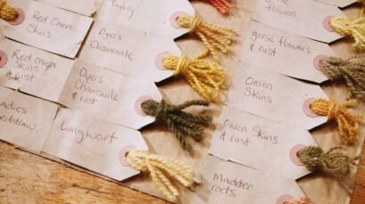 Photo of sample of natural wool dyes at Ardalanish, in Scotland for the he Tapestry of the Highland and Islands project filmed by Zubr