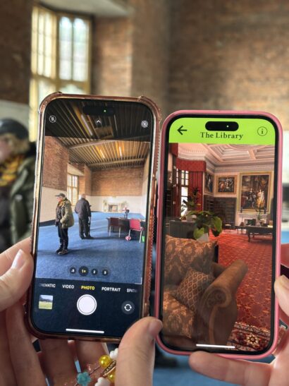 Two phones comparing the reconstruction of the Library at Margam Castle versus nowadays
