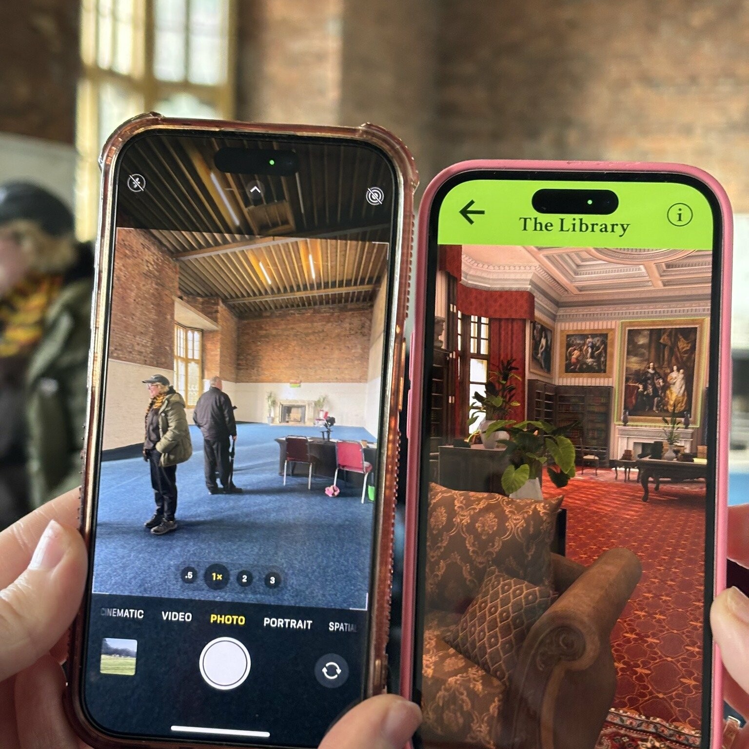 Two phones comparing the reconstruction of the Library at Margam Castle versus nowadays