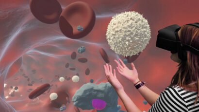 Person with VR headset visualising blood stream cells for VR pharmaceutical company
