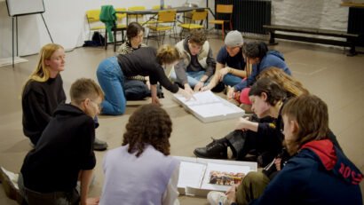 Group of theatre students in a workshop for Making A Scene interactive AR project app by Zubr for Bristol Old Vic and University of Bristol Theatre Collection, Best Use of Digital UK Award. Education sector