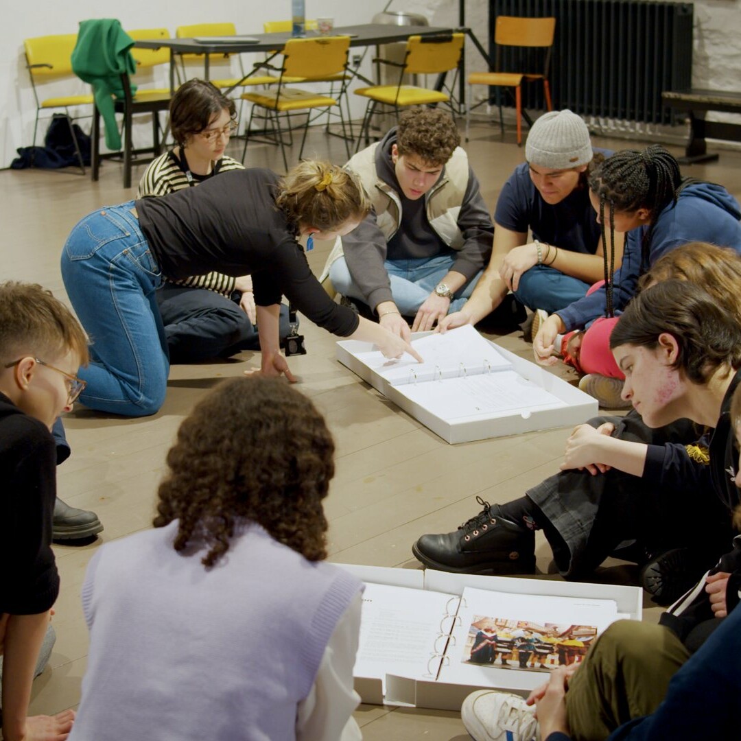 Group of theatre students in a workshop for Making A Scene interactive AR project app by Zubr for Bristol Old Vic and University of Bristol Theatre Collection, Best Use of Digital UK Award. Education sector