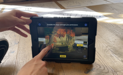 ipad with the Making a Scene app, an AR theatre careers app for a mixed reality educational loan box for University of Bristol Theatre Collection and Bristol Old Vic.