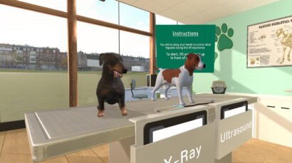 Virtual reality (VR) of a veterinary training scene with two dogs in a clinic