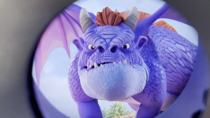 Yomis AR dragon through binoculars at Europa Park. Augmented reality binoculars for a theme park