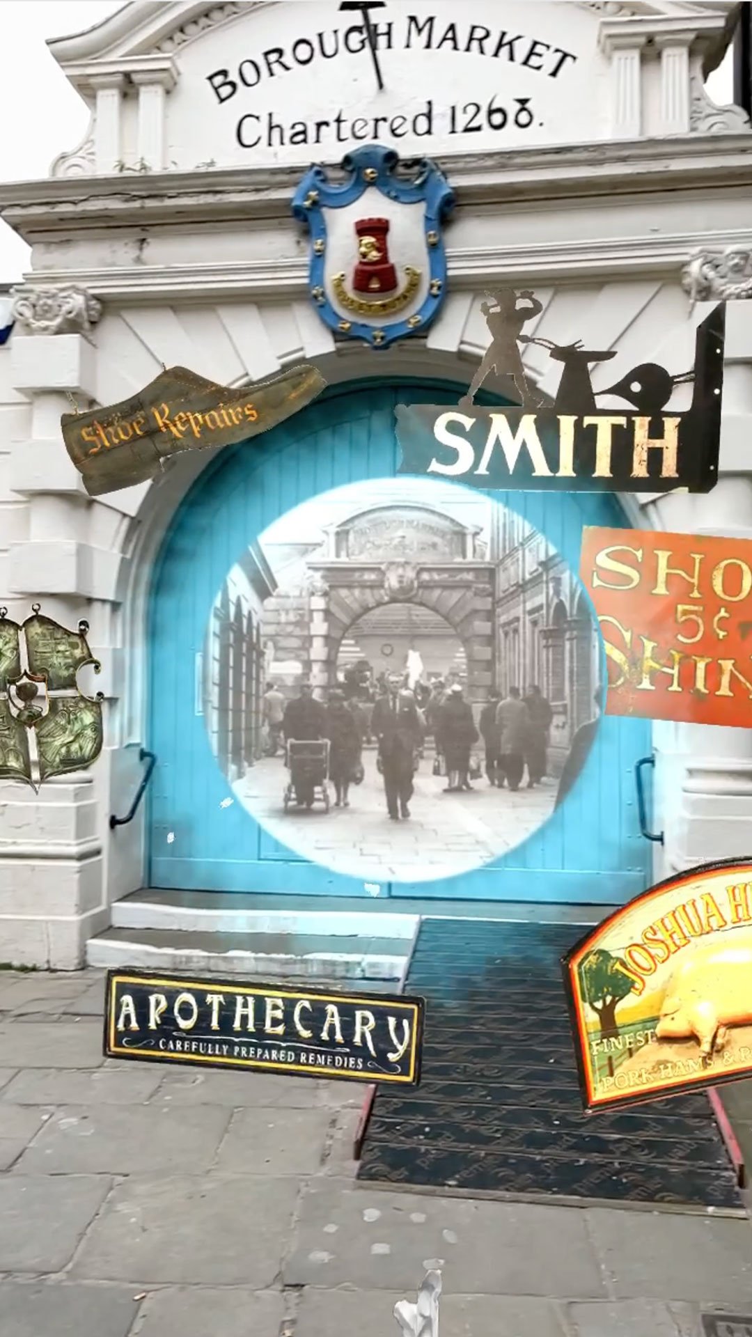 Borough Market AR old signs, Gravesend, Gravesham AR trail, In Gravesham footsteps, Gravesend local history, pandemic, heritage augmented reality interactive trail, social media filters, 3D models, immersive audio