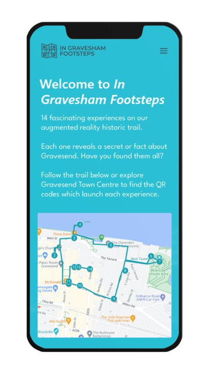 In Gravesham Footsteps AR Trail Website screenshot, Gravesham AR trail, In Gravesham footsteps, Gravesend local history, pandemic, heritage augmented reality interactive trail, social media filters, 3D models, immersive audio