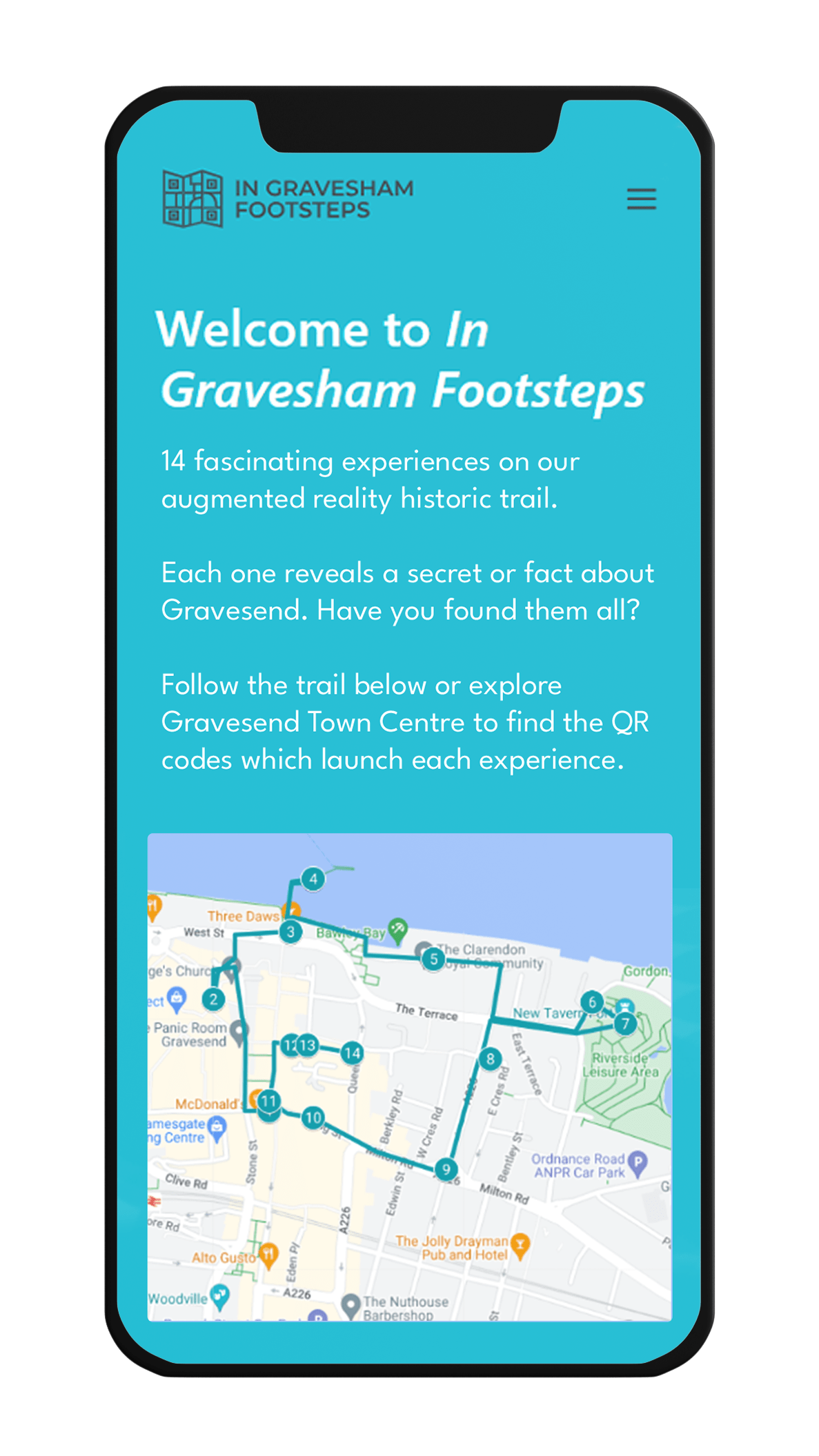 In Gravesham Footsteps AR Trail Website screenshot, Gravesham AR trail, In Gravesham footsteps, Gravesend local history, pandemic, heritage augmented reality interactive trail, social media filters, 3D models, immersive audio