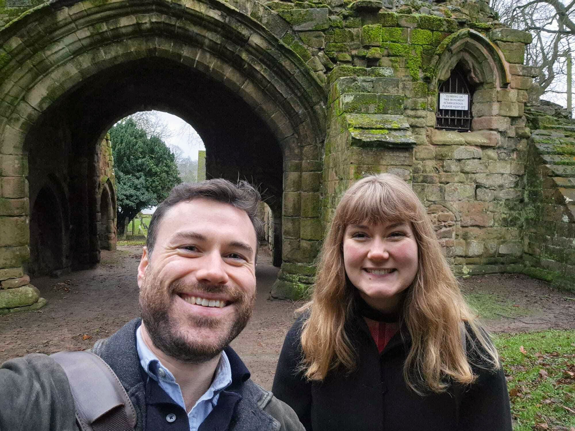 Jack and Amy at exterior of St. Mary’s Abbey in Kenilworth