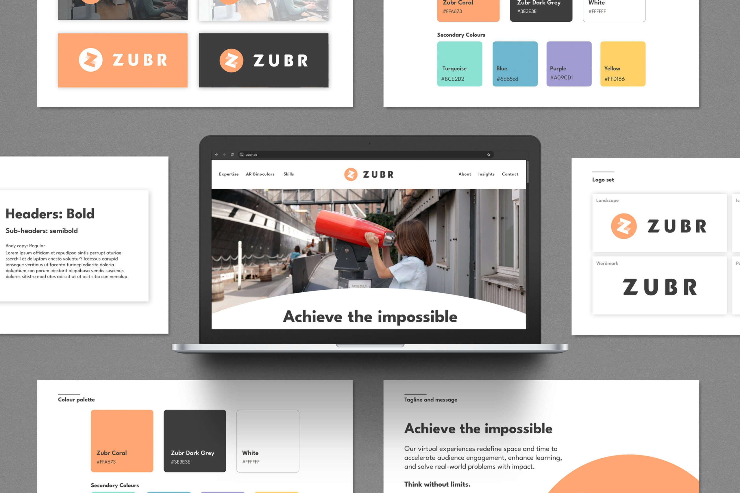 Laptop with new Zubr website and pages of its brand guidelines