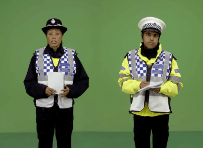 Two actors on a green background for Network Rail training project