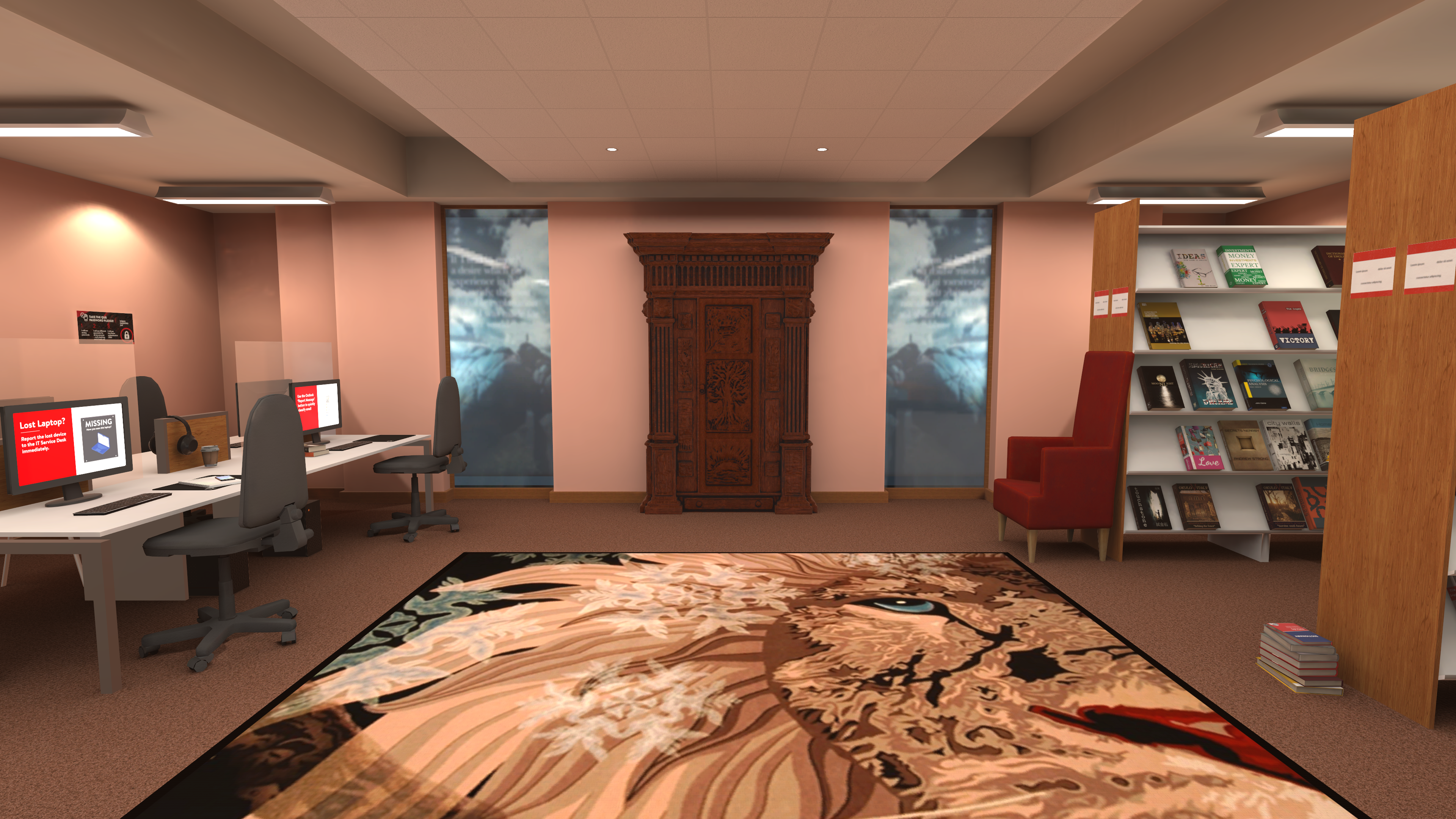 3D digital render of Library for Virtual reality (VR) Cybersecurity training for Queen's University Belfast