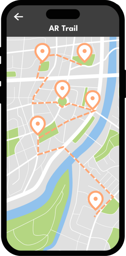 mockup of an iphone displaying a map with Augmented Reality AR Trail to follow