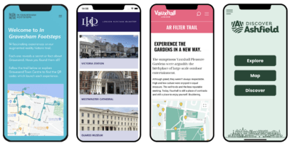 4 AR Trails phone screens displaying examples of Augmented Reality Trails, either Web AR or Downloadable apps