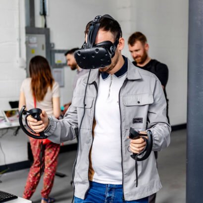 Person with VR headset at Techspark's Immersive Technology Showcase in Bath Digital Festival week
