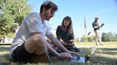 Zubr Team testing Liberty Trail AR app onsite in Marion Square