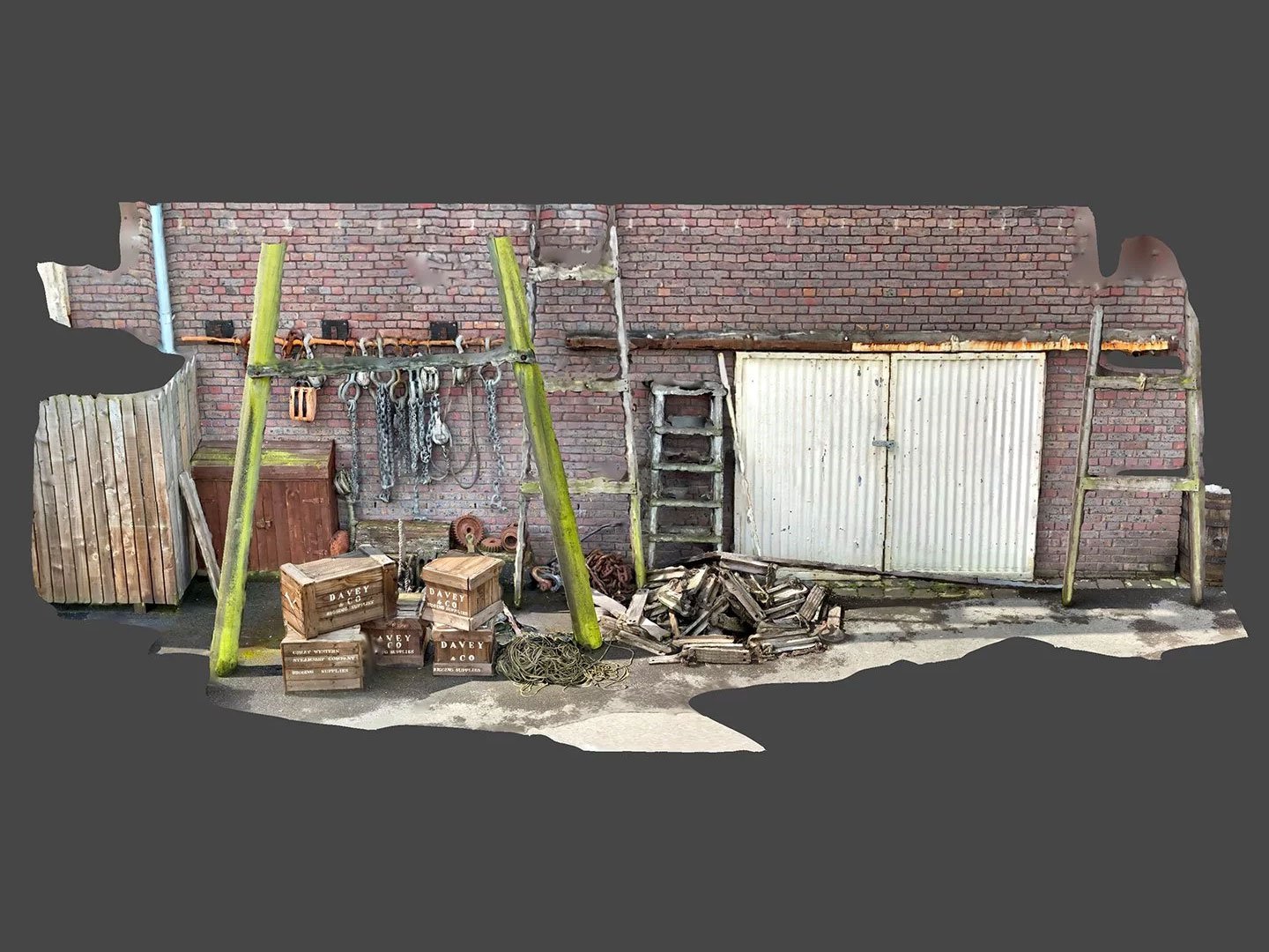 3D scan of real objects at SS Great Britain Dockyard: coils of ropes, sandbags, barrels, passenger luggage, iron chains