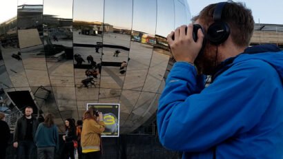 People with VR headset at Aisha Devi VR experience, at Simple Things festival. Bristol