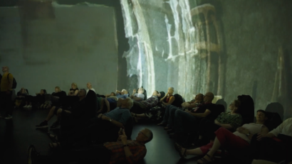 Visitors at Bill's attic, VR evocative dome experience, interactive, immersive artist, accessible artifacts, Bill Mitchell