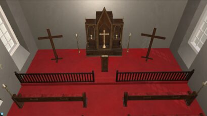 View of the congregation pews, general interior of Zubr's AR church, American Battlefield Trust project, St James Church, Civil War augmented reality, interactive history. Battle of Brandy Station