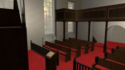 View of the congregation pews, general interior of Zubr's AR church, American Battlefield Trust project, St James Church, Civil War augmented reality, interactive history