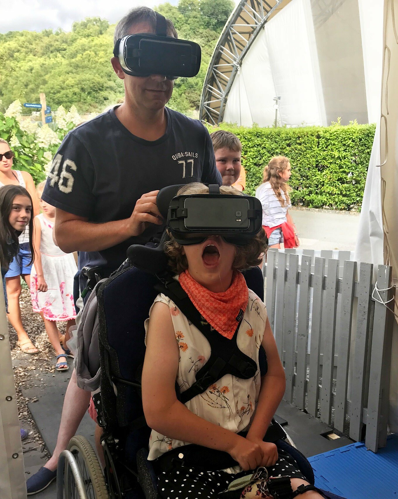 Wheelchair user VR Venus exploration at Eden Project