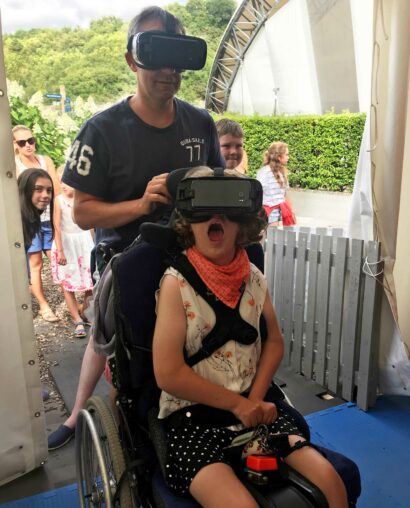 Wheelchair user at VR Venus exploration experience at Eden Project