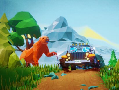 Eden Project virtual reality Lost giants safari digital world with a low poly giant sloth and a 4x4 car