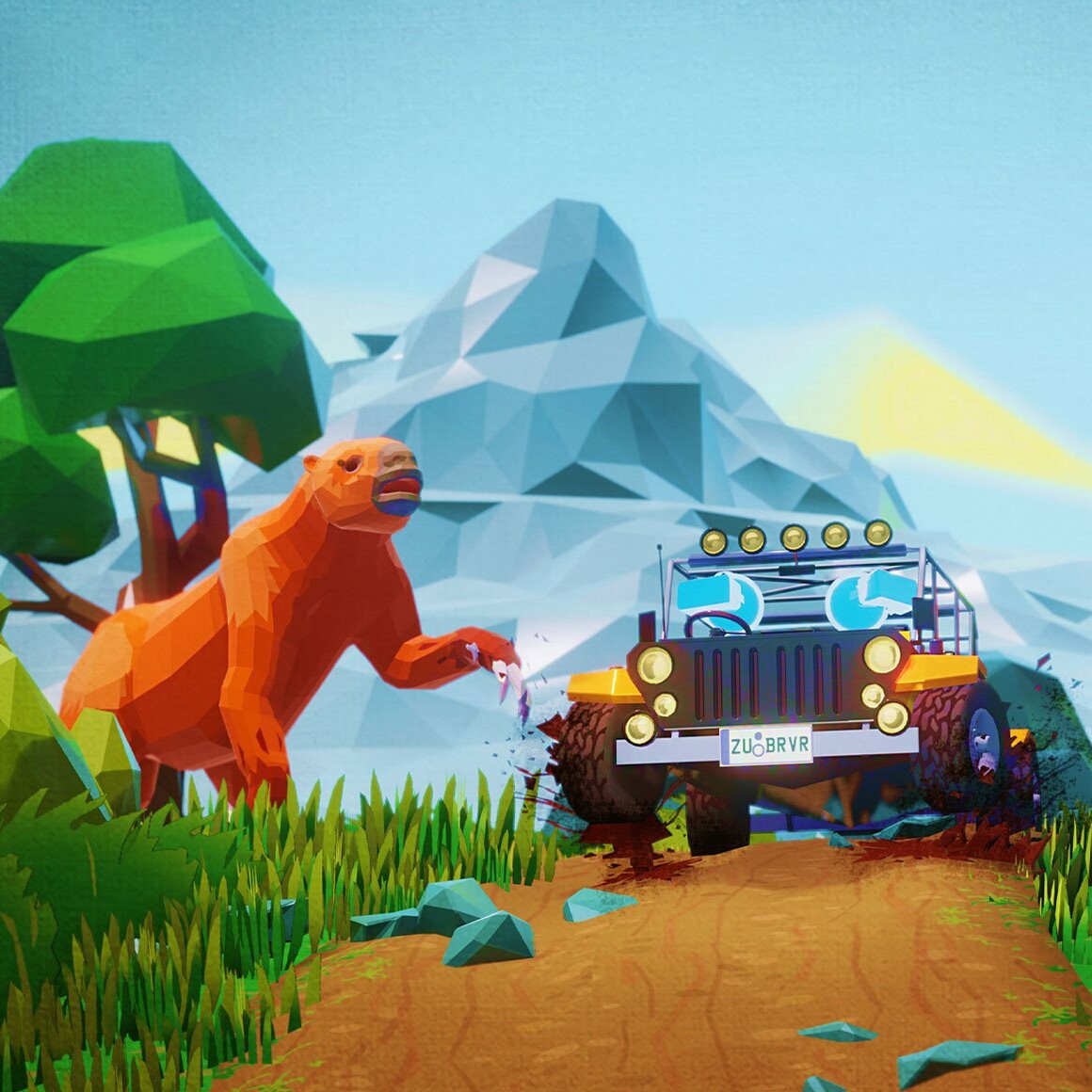 Eden Project virtual reality Lost giants safari digital world with a low poly giant sloth and a 4x4 car