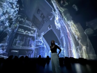 Visitor at Bill's attic, VR evocative dome experience, interactive, immersive artist, accessible artifacts, Bill Mitchell