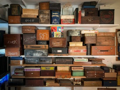 Shelves with boxes at Bill Mitchell's attic