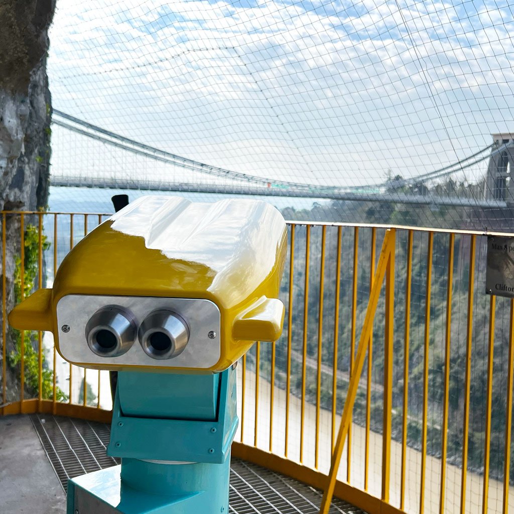 Augmented reality (AR) binoculars at Bristol Observatory Giant's Cave. Suspension Bridge view in the background
