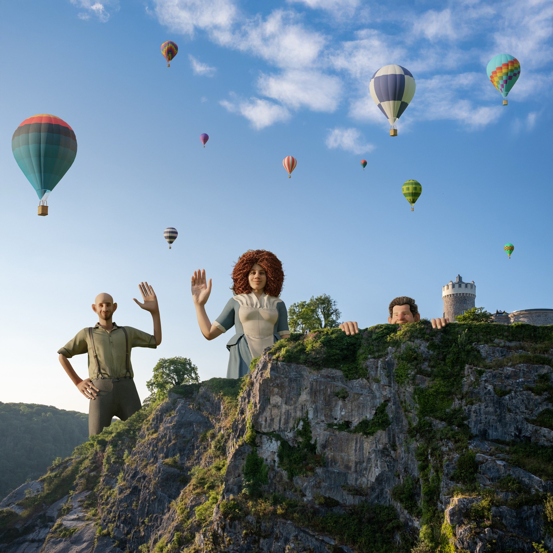 Bristol’s giants, Ghyston and Goram at behind Clifton Observatory cliffs in Avon gorge for the Giants AR Binoculars project