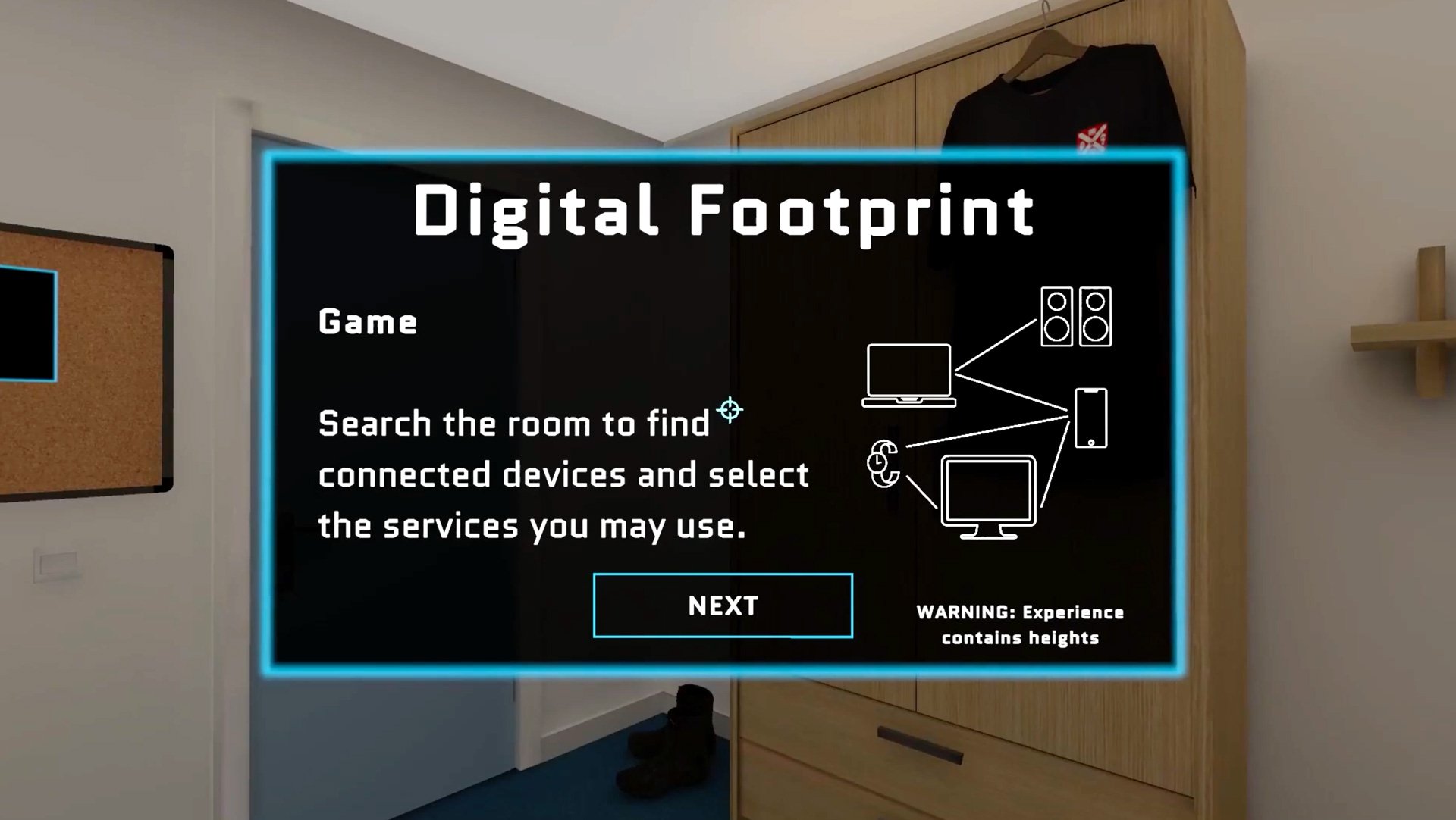 Queen's University Belfast, VR cybersecurity training, Digital Footprint virtual reality game screen