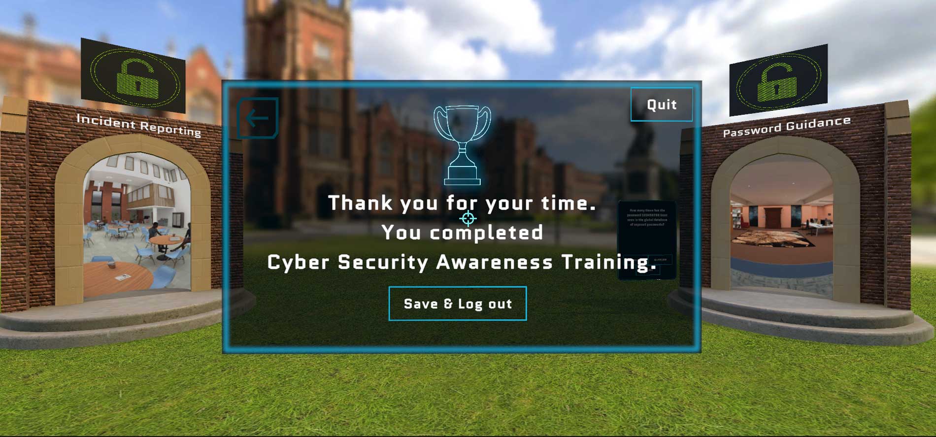 Queen's University Belfast, VR cybersecurity training completed screen