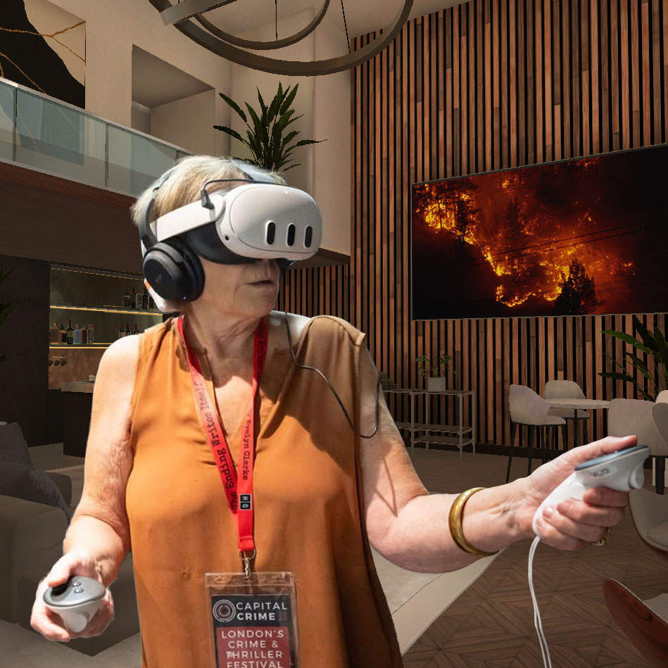 Woman with a VR headset at Capital Crime event for the launch of Artificial Wisdom novel by by Thomas R. Weaver. Background of the 3d environment modelled for the experience, a modern living room.
