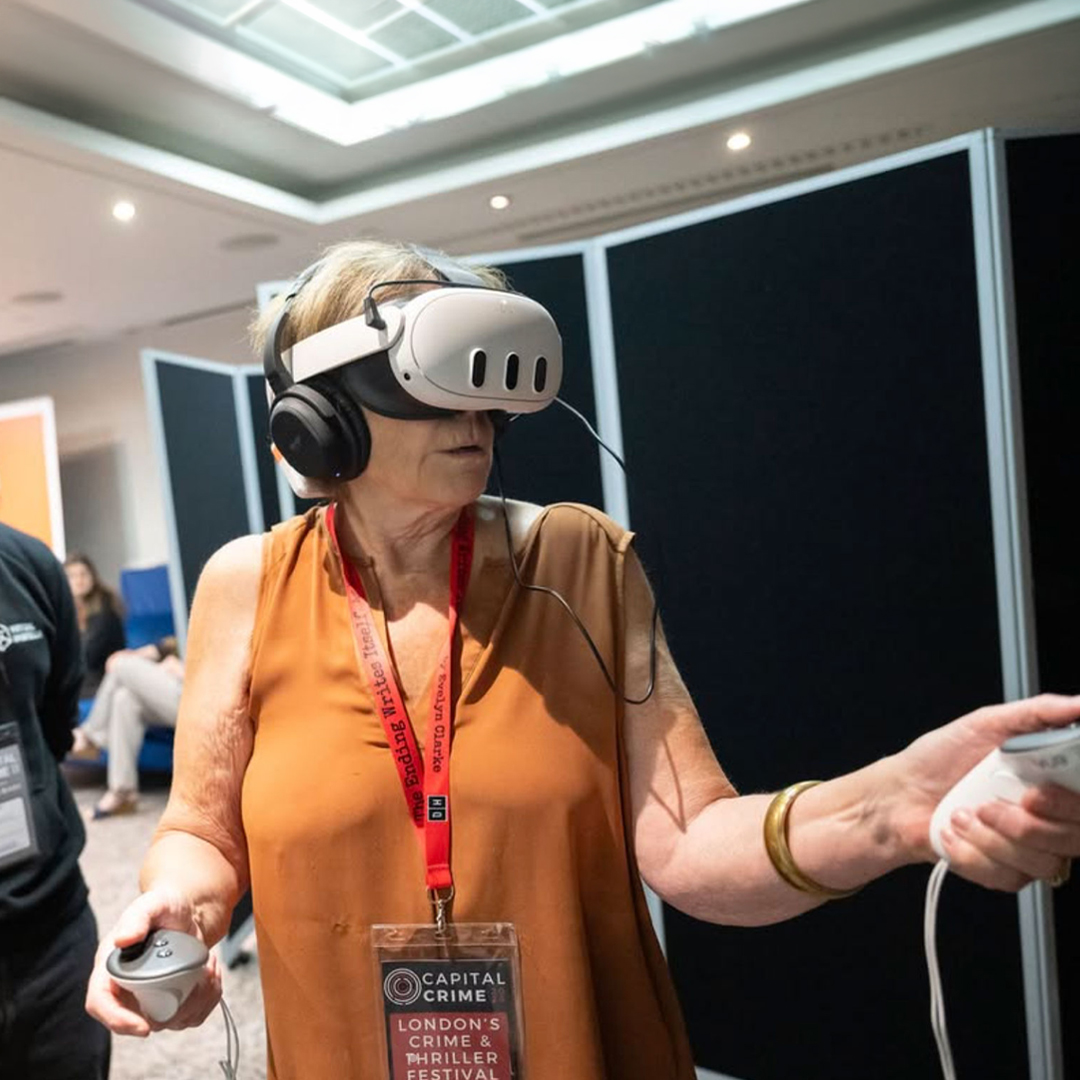 Woman wearing VR headset Meta Quest 3 in a book fair.