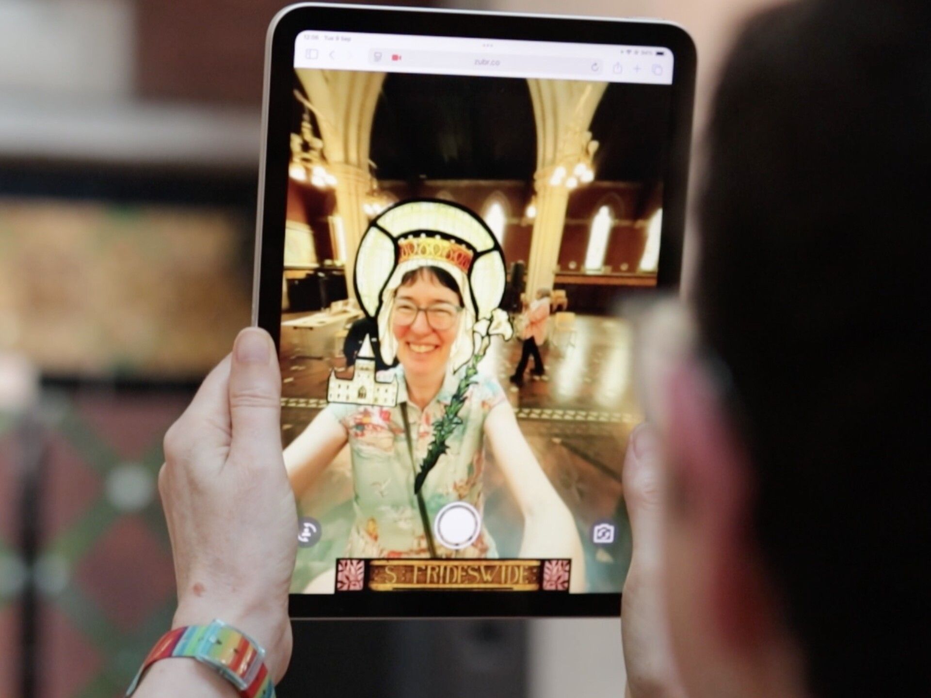 Grand Junction Augmented reality (AR)selfie filter of a stained glass window saint