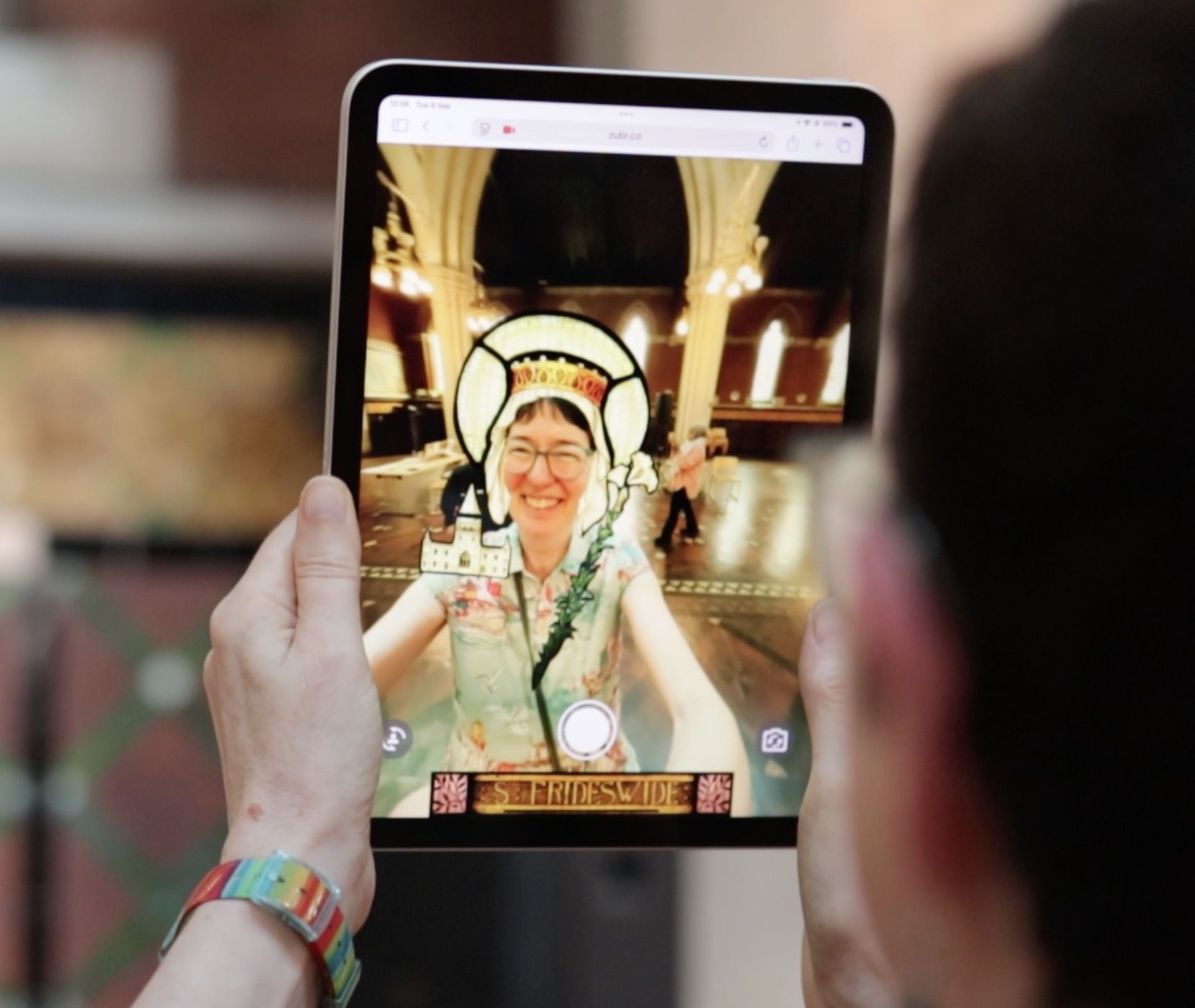 Grand Junction Augmented reality (AR)selfie filter of a stained glass window saint
